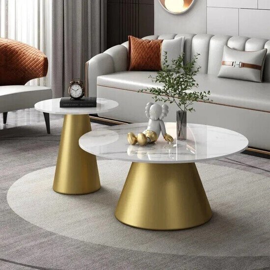 Bàn Sofa Tròn Đôi Hani Mặt Đá Trắng Chân Sắt AG81