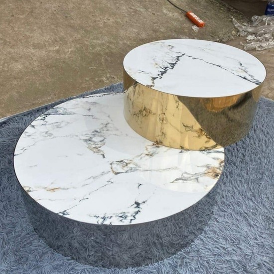 Bàn trà đôi mặt đá tròn inox trắng AG61