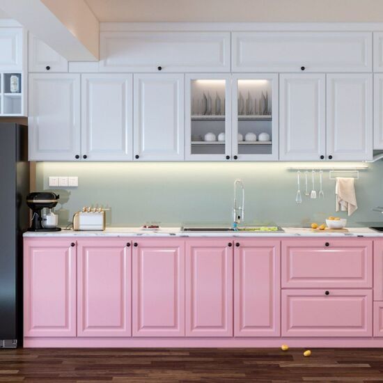 Mẫu tủ bếp gỗ tự nhiên hiện đại màu hồng cho chung cư AG 036