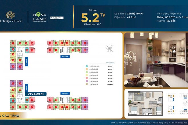1+1 Victoria Village Bán 5.2 tỷ Diện tích thông thuỷ 47.5 m2