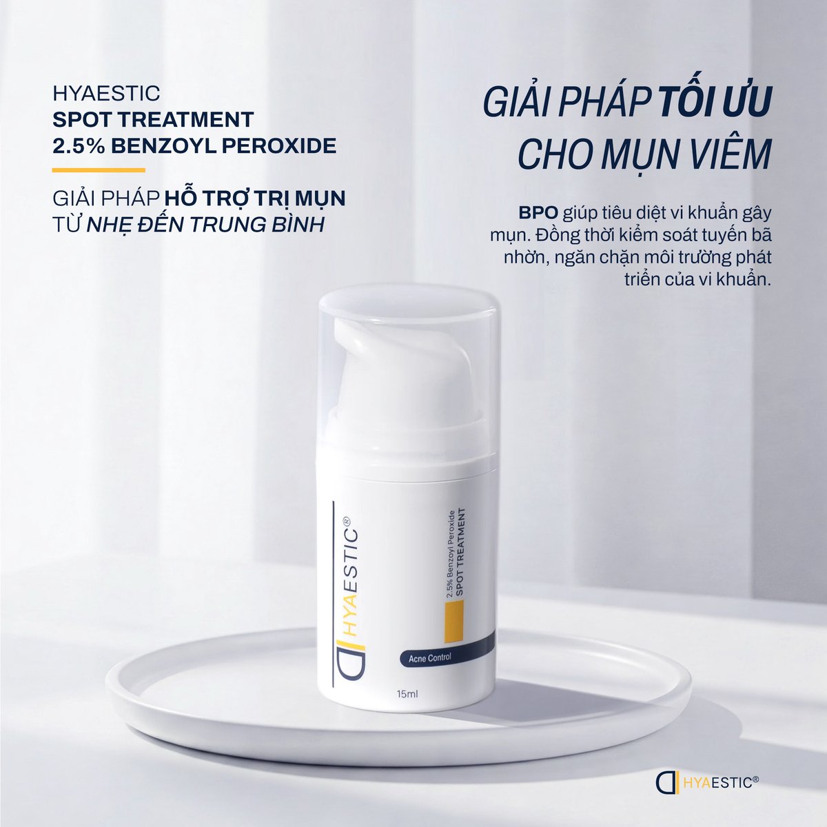 Gel hỗ trợ trị mụn sưng viêm HYAESTIC SPOT TREATMENT 2.5% BENZOYL PEROXIDE | Dermtalk Store
