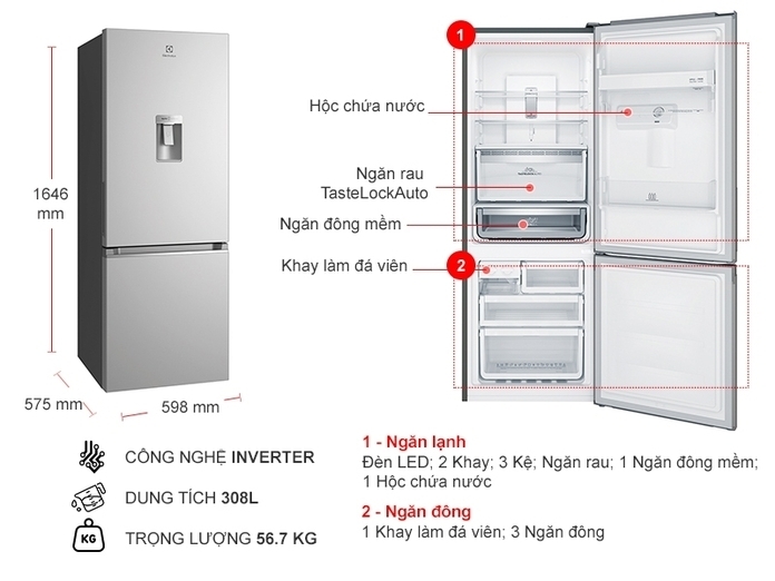 tủ lạnh electrolux inverter 308 lít ebb3442k-a