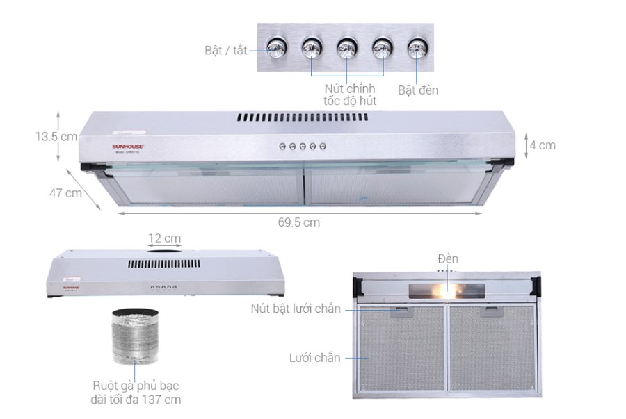 máy hút mùi vỏ inox sunhouse shb6118i