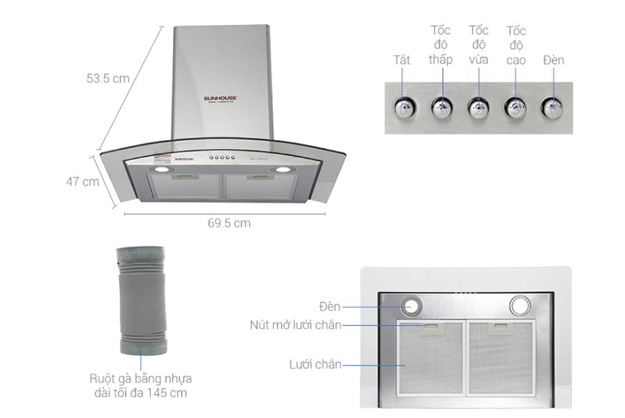 máy hút mùi kính cong sunhouse shb6629-70c