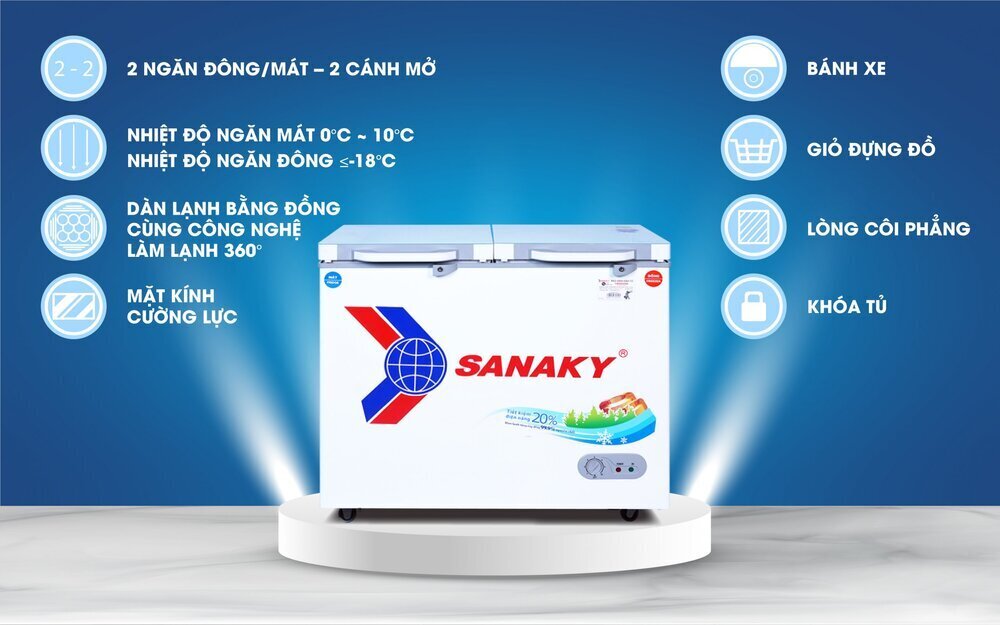 tủ đông mặt kính cường lực sanaky 220 lít vh-2899w2kd