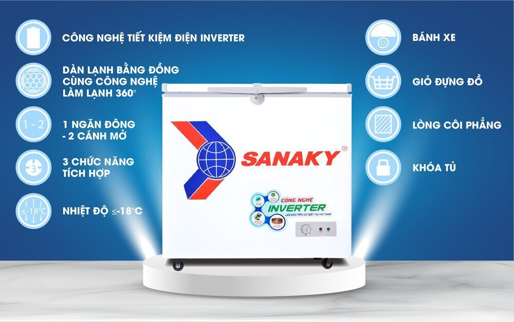 tủ đông sanaky inverter vh-2599a3, 208 lít, 1 ngăn đông, dàn lạnh đồng