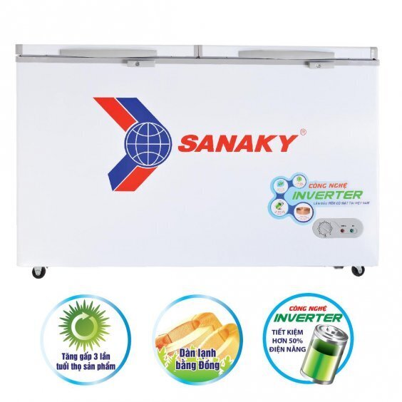tủ đông sanaky inverter vh 5699w3, 400 lít, 1 ngăn đông, 1 ngăn mát, dàn lạnh đồng