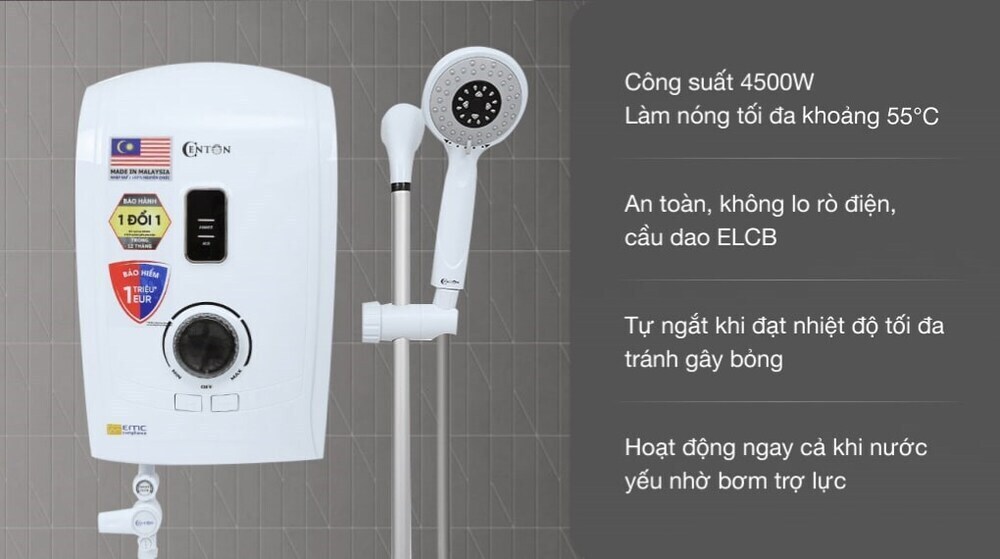 máy nước nóng trực tiếp centon 4500w gd600esp fl emc