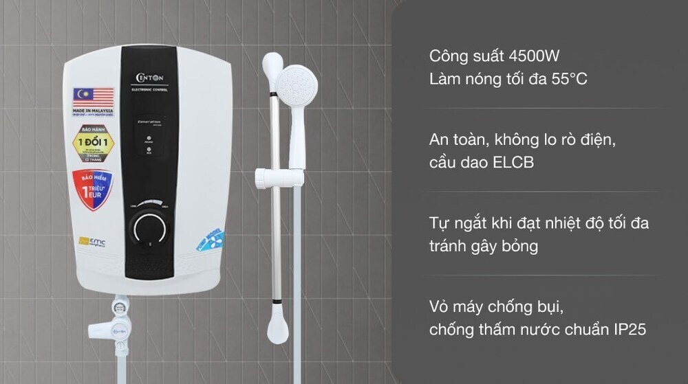 máy nước nóng trực tiếp centon 4500w 8338e emc