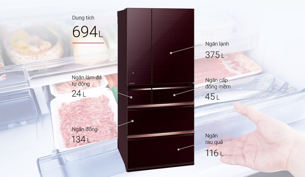 tủ lạnh mitsubishi electric inverter 694 lít mr-wx70c-br-v