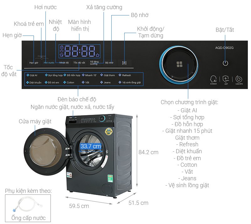máy giặt aqua inverter 9 kg aqd- d902g bk