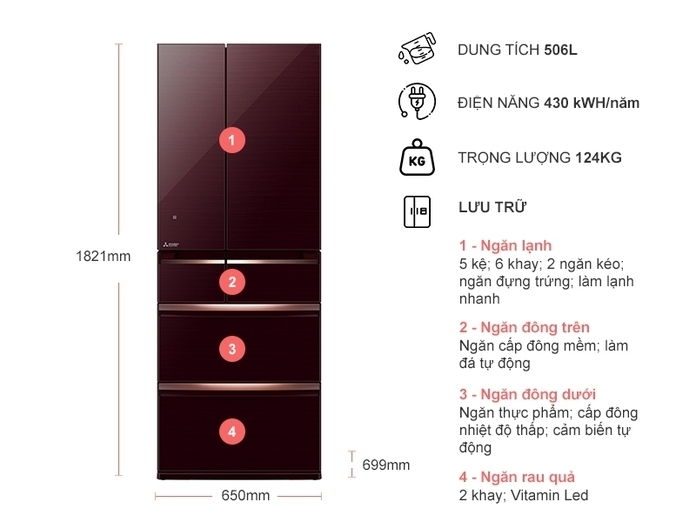 tủ lạnh mitsubishi electric inverter 506 lít mr-wx52d-br-v