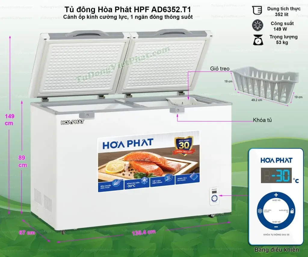 tủ đông mặt kính cường lực hòa phát 352 lít hpf ad6352.t1