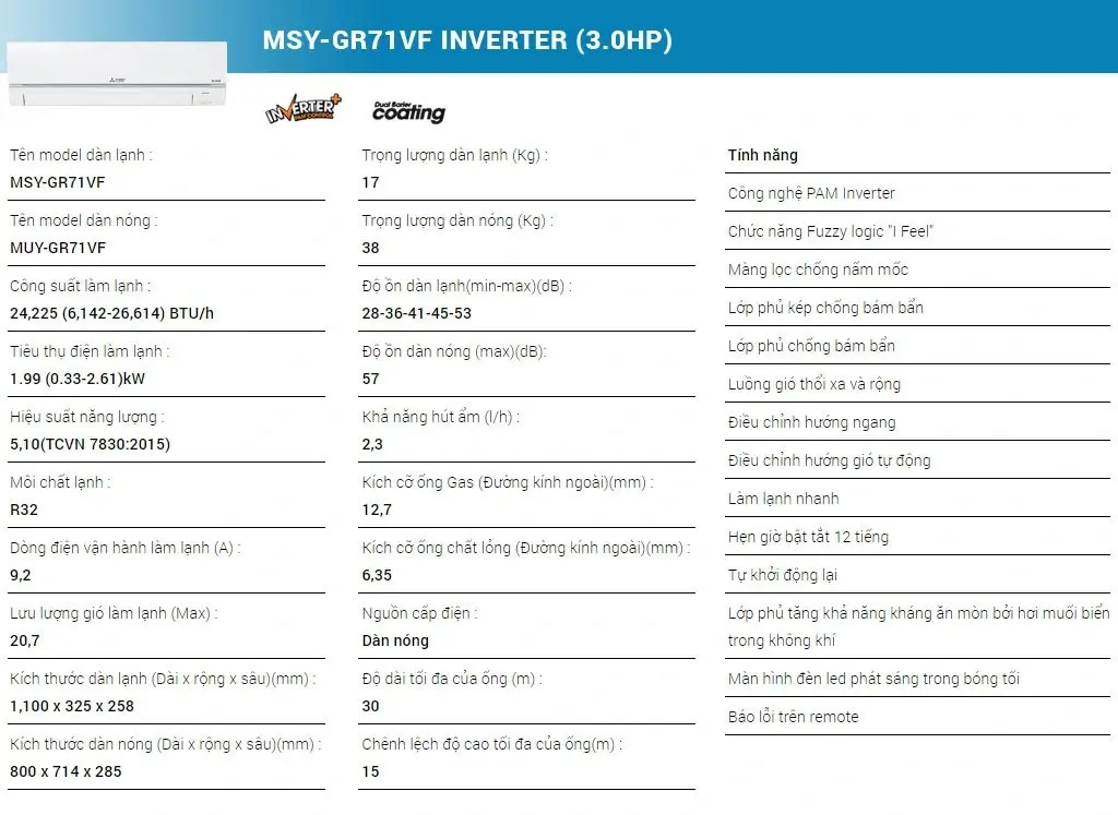 máy lạnh mitsubishi electric inverter 3 hp msy-gr71vf