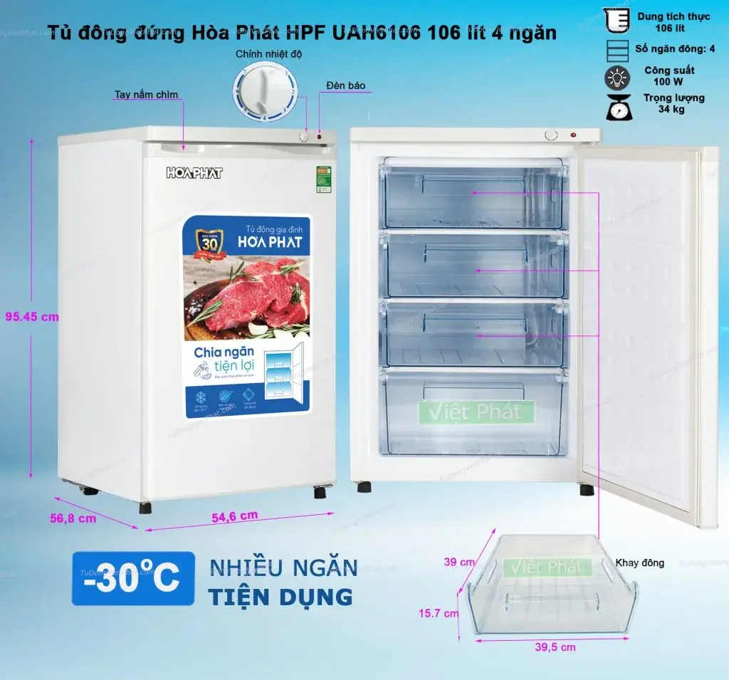 tủ đông đứng hòa phát hpf uah6106 106 lít 4 ngăn