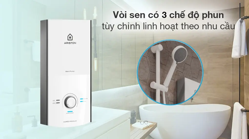 máy nước nóng trực tiếp ariston 4500w aures premium 4.5p pearl - có bơm