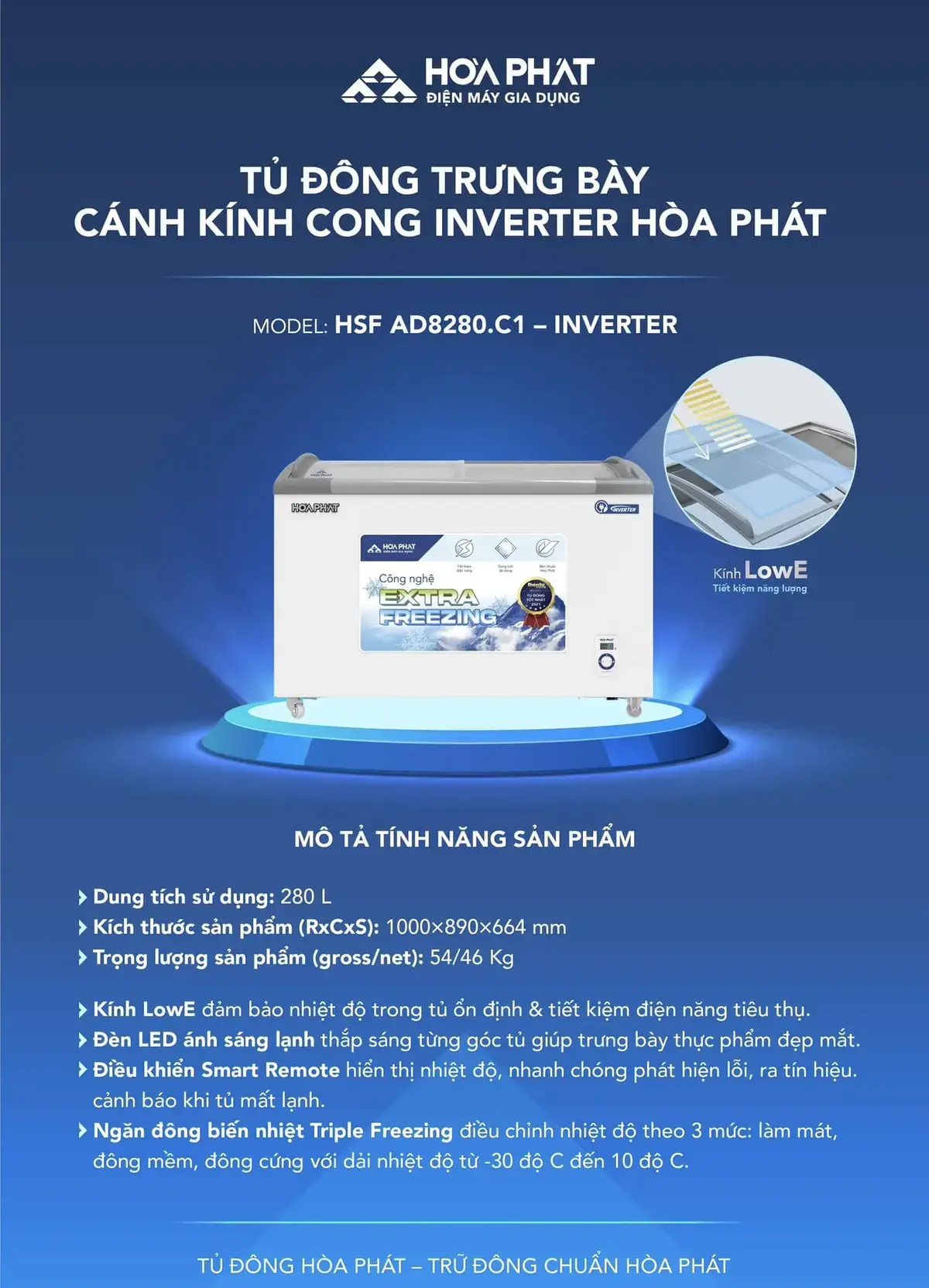 tủ đông trưng bày hòa phát inverter 280 lít 1 ngăn 2 cánh hsf ad8280.c1