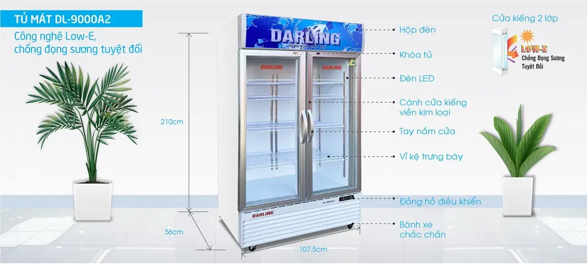 tủ mát darling dl-9000a2 dung tích 830 lít, dàn đồng, 2 cánh mở