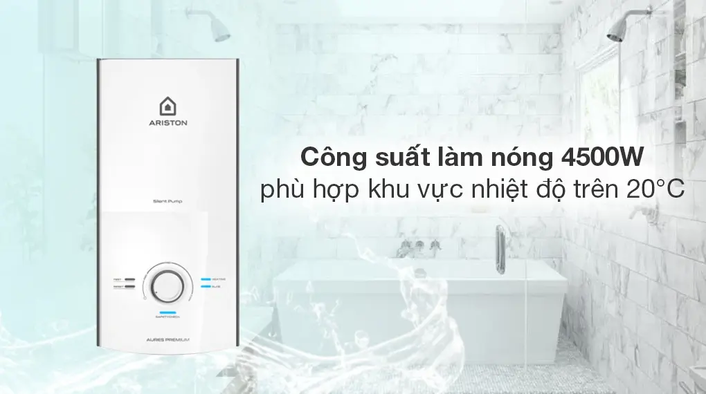 máy nước nóng trực tiếp ariston 4500w aures premium 4.5p pearl - có bơm
