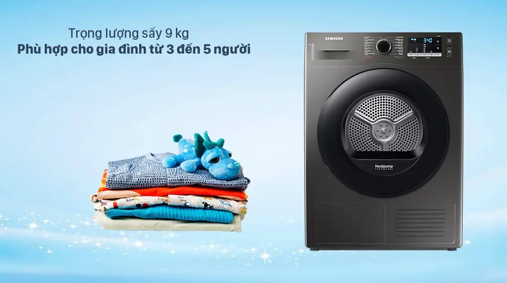 máy sấy bơm nhiệt samsung 9 kg dv90ta240ax/sv
