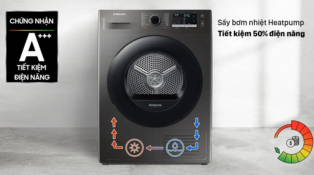 máy sấy bơm nhiệt samsung 9 kg dv90ta240ax/sv