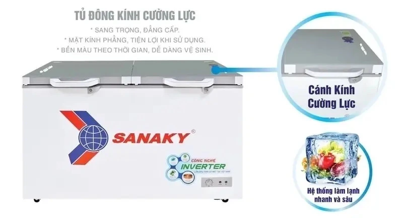 tủ đông mặt kính cường lực sanaky 280 lít vh-2899w4k