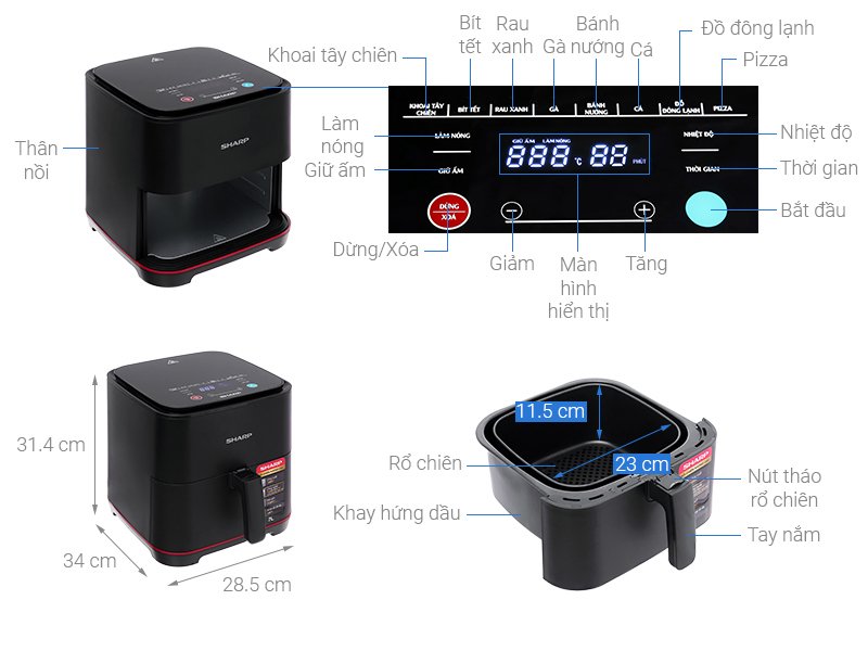 nồi chiên không dầu sharp kf-af70ev-bk 7 lít