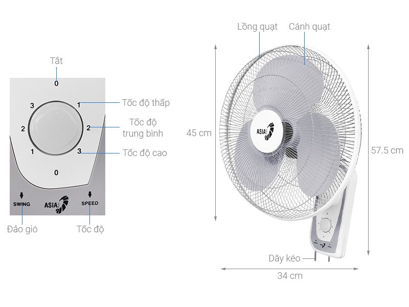 quạt treo tường asia vy357290 ( màu chuối non )