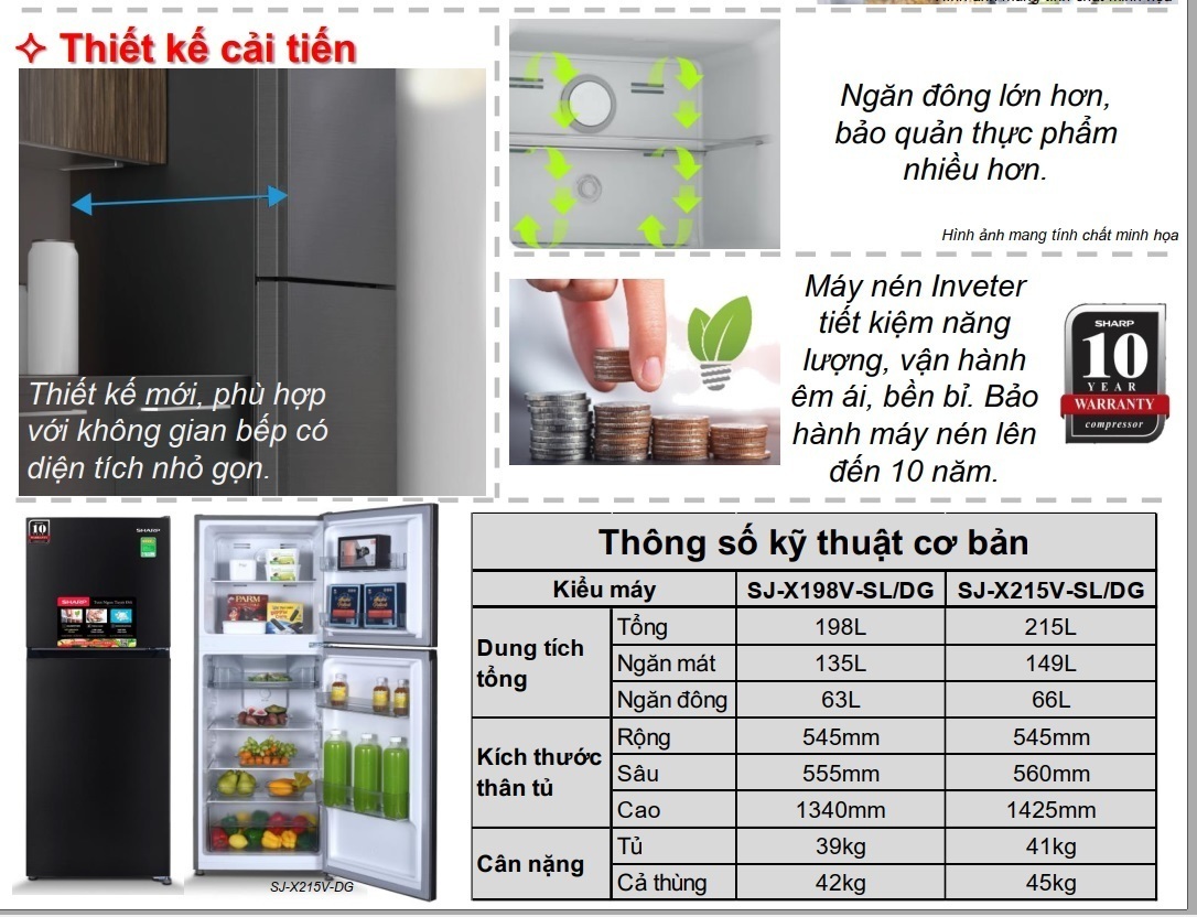 tủ lạnh sharp inverter 198 lít sj-x198v-sl