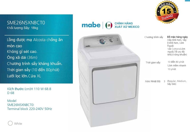 máy sấy quần áo mabe sme26n5xnbct0 18 kg