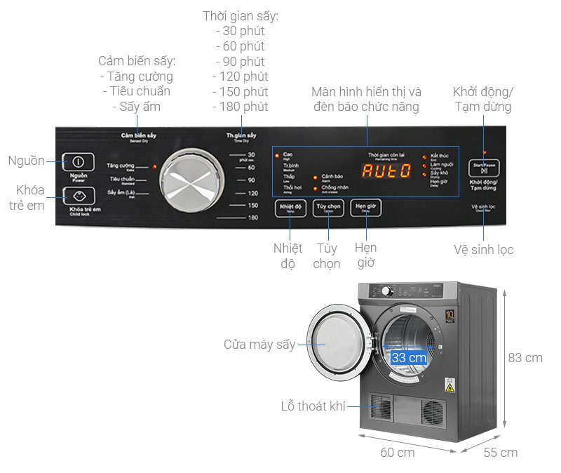 máy sấy thông hơi aqua 8 kg aqh-v800h ss