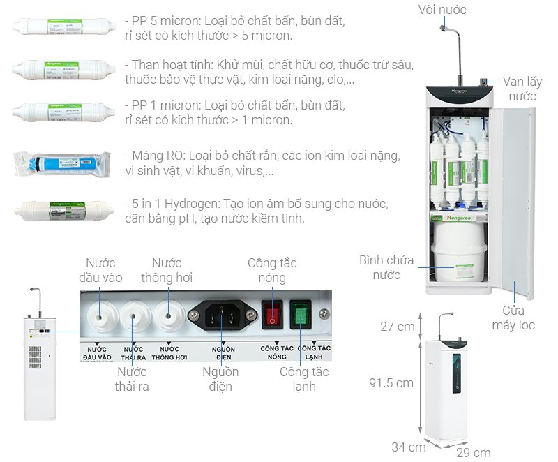 máy lọc nước ro nóng nguội lạnh hydrogen kangaroo kg10a7es 5 lõi