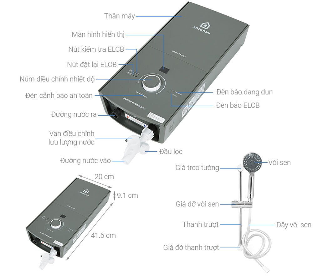 máy nước nóng trực tiếp ariston aures premium+ 4.5p có bơm