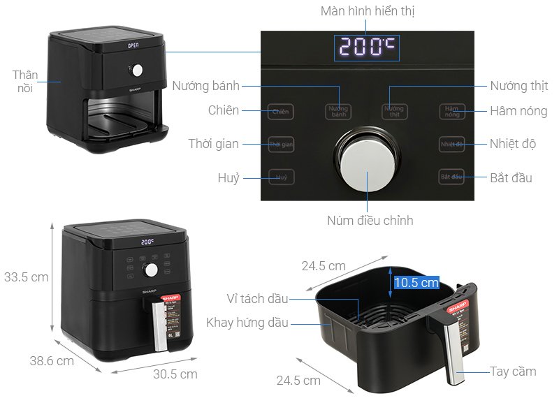 nồi chiên không dầu sharp kf-af60ev-bk 6 lít