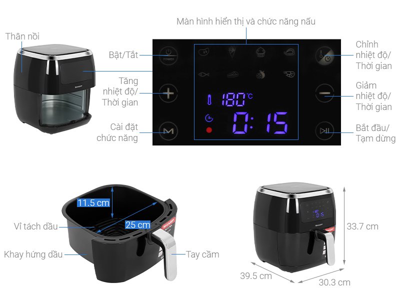 nồi chiên không dầu sharp kf-af68epv-bk 6.8 lít