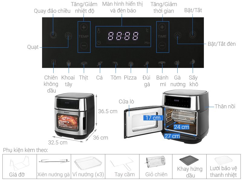 nồi chiên không dầu kangaroo kg12af1a 12 lít