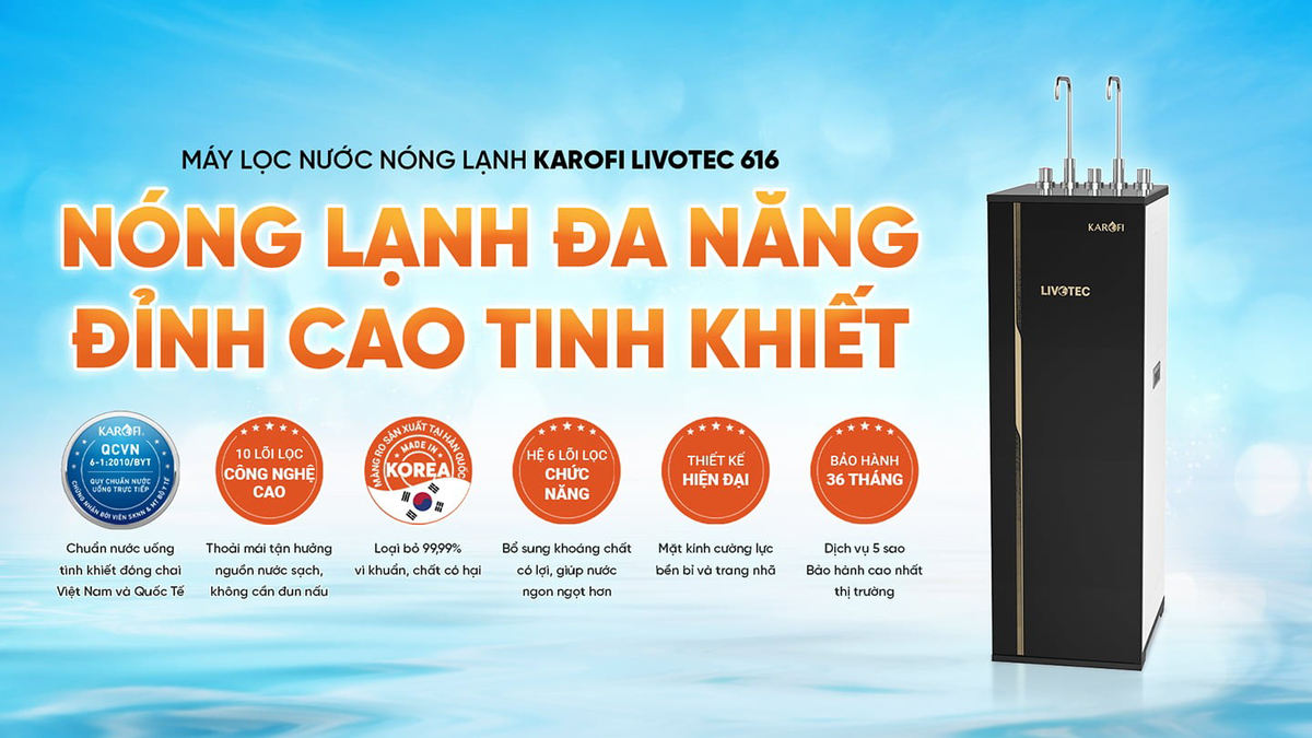 máy lọc nước nóng lạnh karofi 10 cấp lọc livotec 616