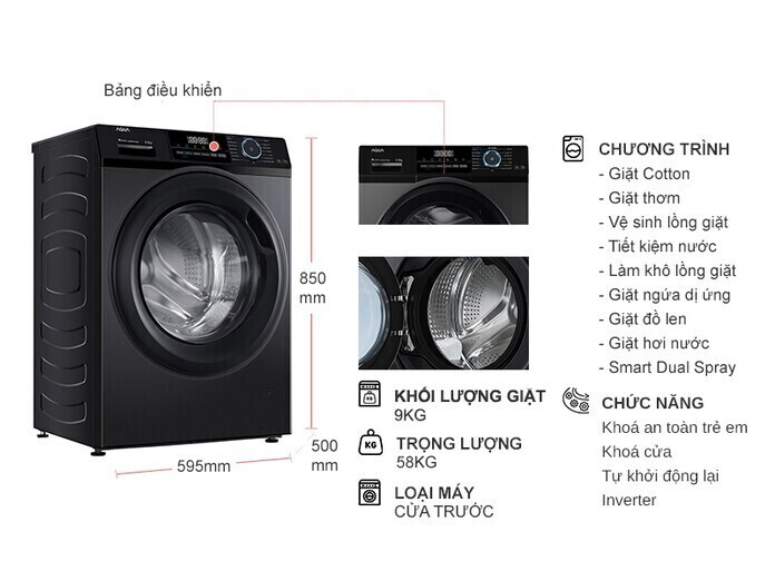 máy giặt aqua inverter 9 kg aqd-a902j.bk
