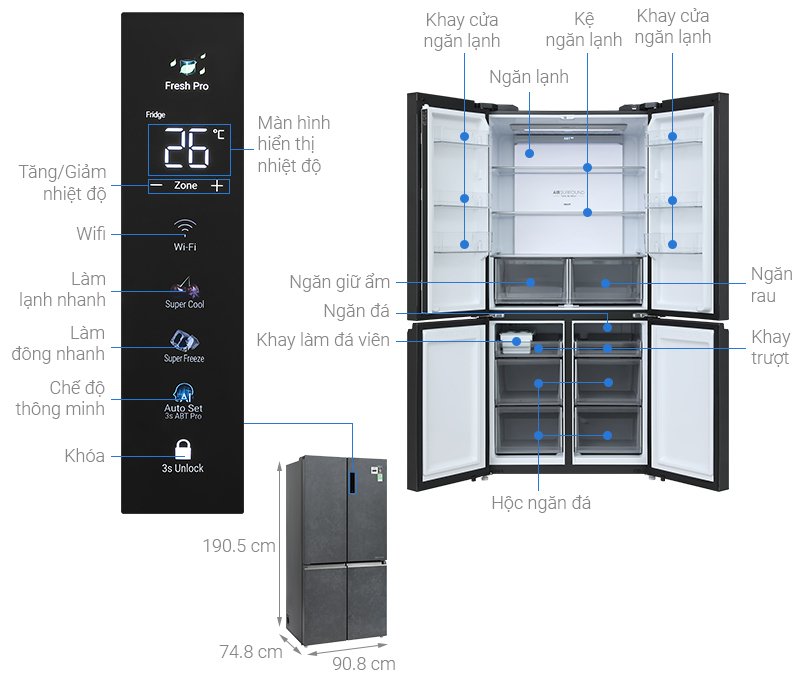 tủ lạnh aqua inverter 660 lít multi door aqr-m727xa(gs)u1