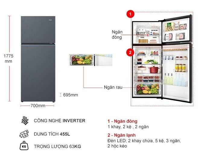 tủ lạnh aqua inverter 455 lít aqr-t518fa(sl)