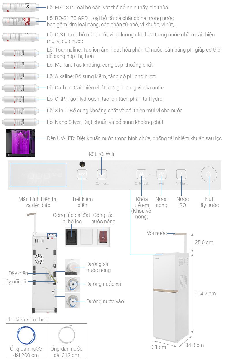 máy lọc nước ro nóng nguội toshiba twp-h2396svn(w) 10 lõi