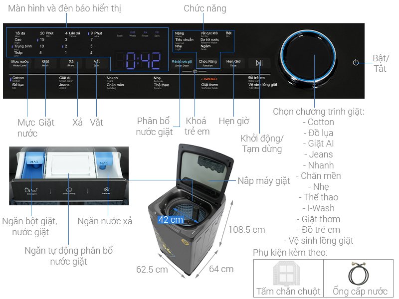máy giặt aqua inverter 18 kg aqw-dr180uht ps