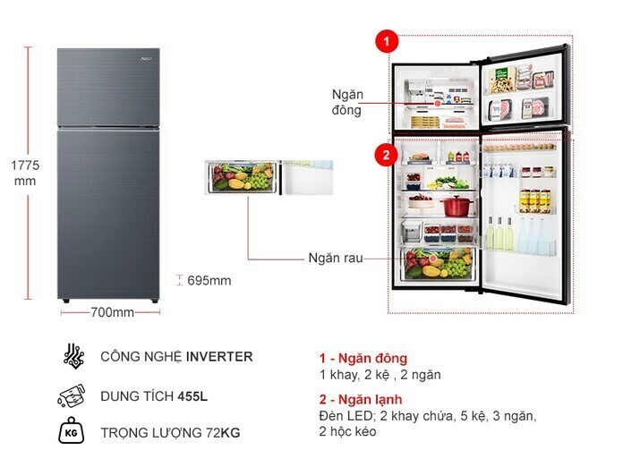 tủ lạnh aqua inverter 455 lít aqr-ta518fa(sl)