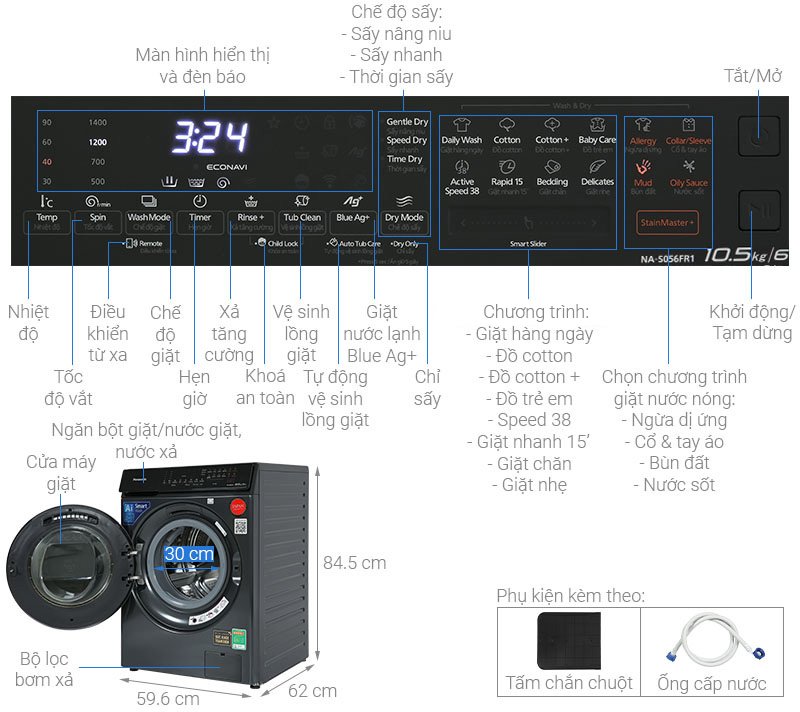 máy giặt sấy panasonic inverter giặt 10.5 kg - sấy 6 kg na-s056fr1bv