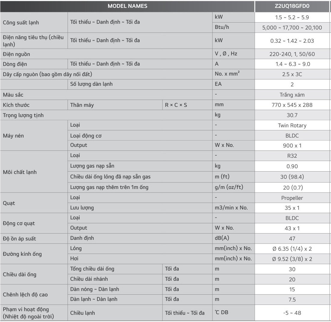 dàn nóng multi lg inverter 2.0hp z2uq18gfd0