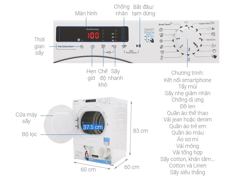 máy sấy thông hơi candy 9.0kg cse v9df-s