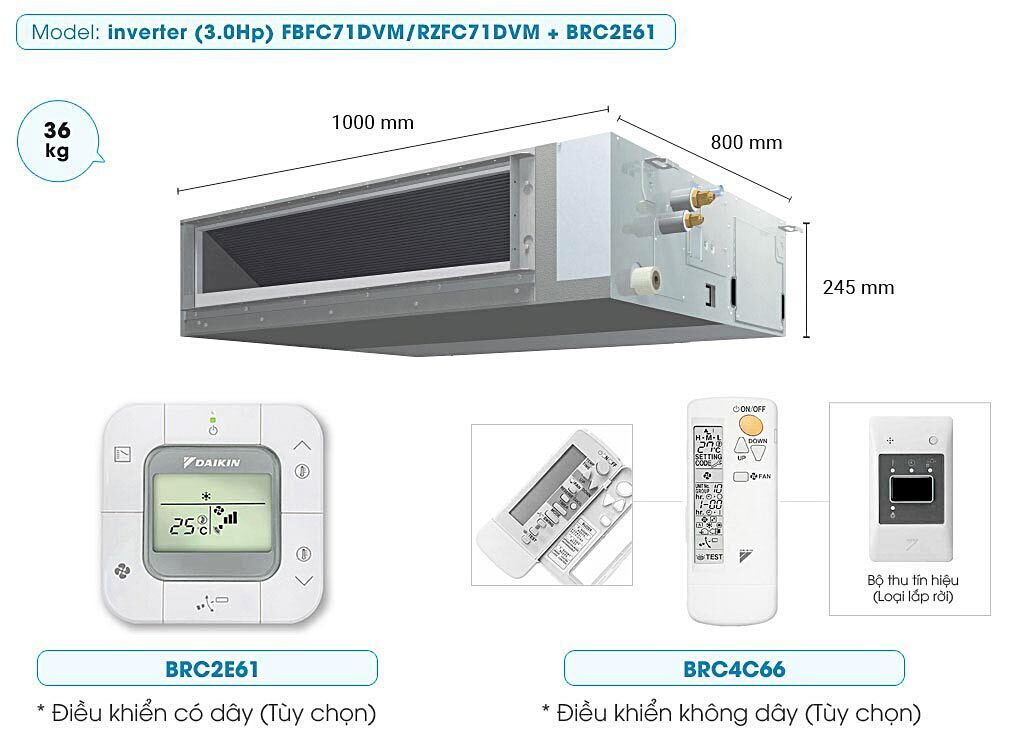 máy lạnh daikin giấu trần ống gió inverter 3hp fbfc71dvm9 / rzfc71evm + brc4c66
