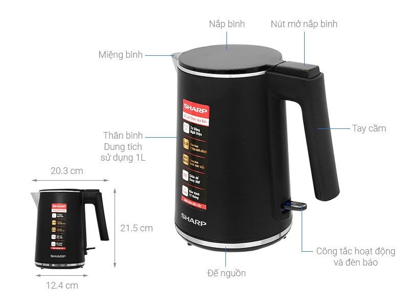 bình đun siêu tốc sharp 1 lít ekj-10dvps-bk