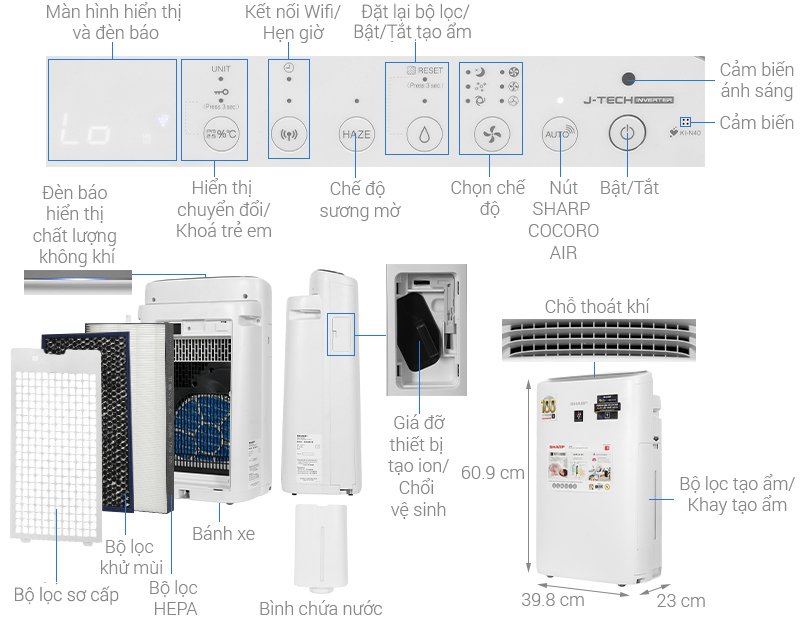 máy lọc không khí tạo ẩm sharp ki-n40v-w 29w