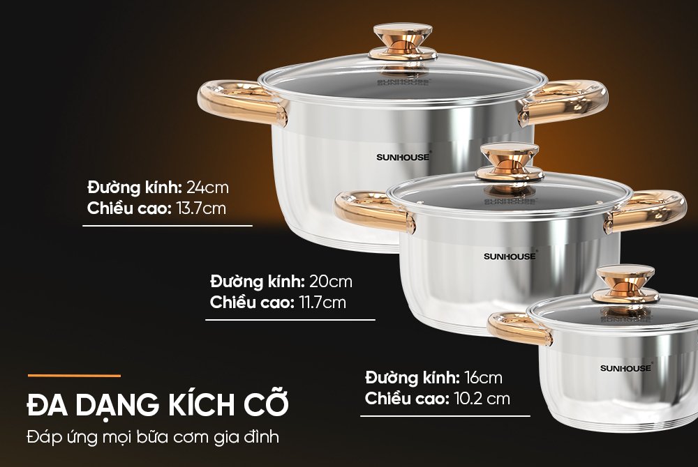 bộ nồi inox 5 đáy sunhouse sh781
